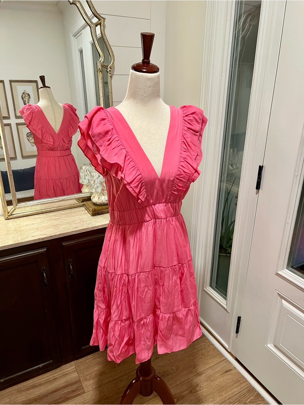 Feminine Pink Ruffled V-Neck Mini Dress